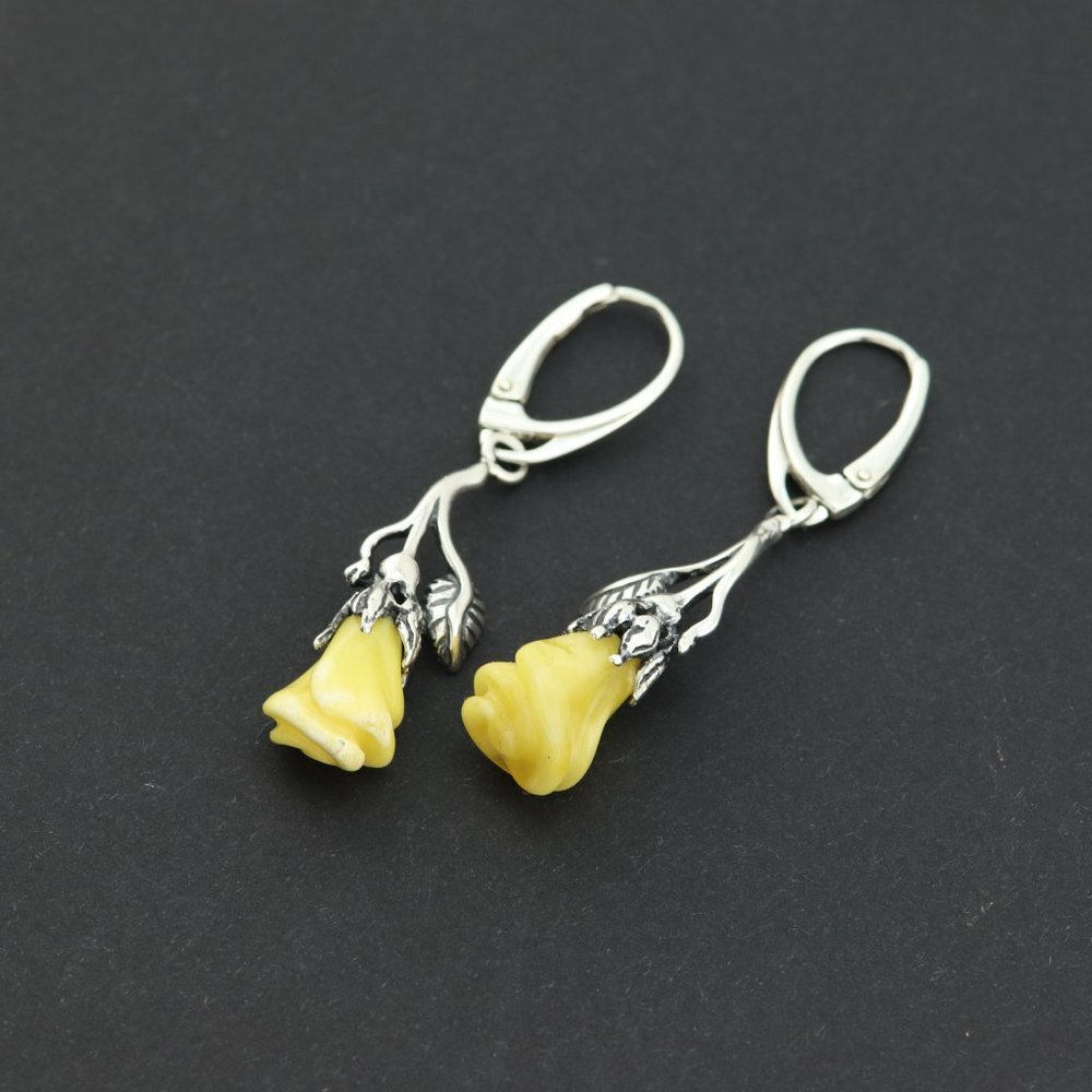 Sterling silver earrings with natural Baltic amber, amber rose drop earrings - Picture 3 of 14
